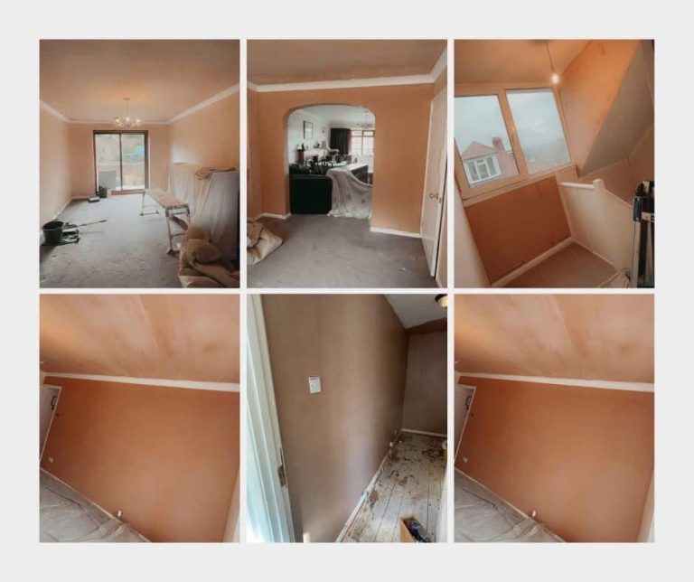 Interior space with plastered walls and varied angles of a partially furnished room.